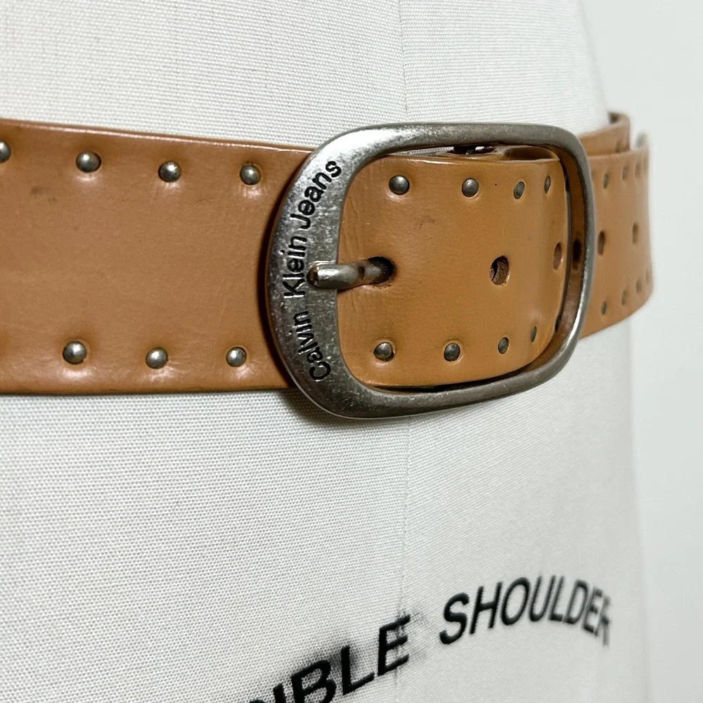 Vintage Calvin Klein Jeans Genuine Leather Tan Studded Wide Buckle Unisex Size M